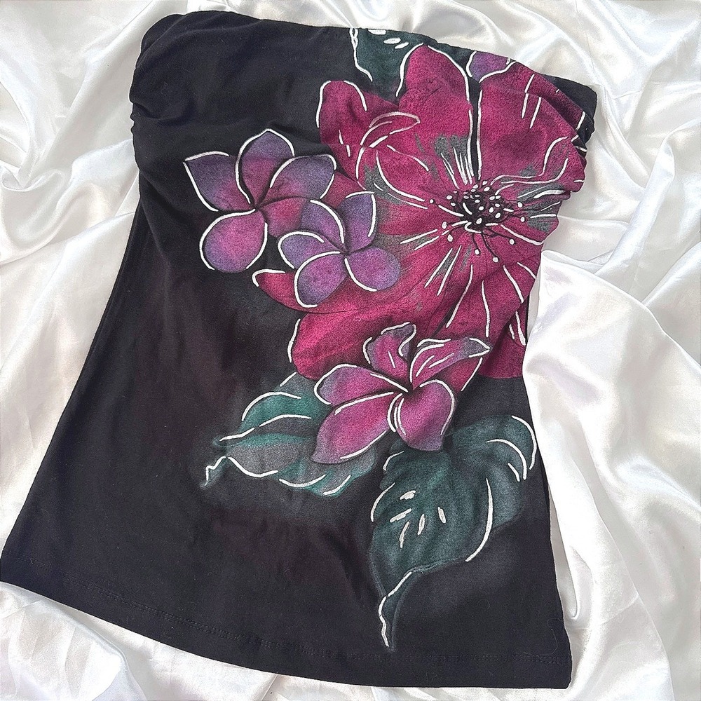Wet Seal Women Black Floral Tube Top Strapless Plum Purple Graphic Small NWT